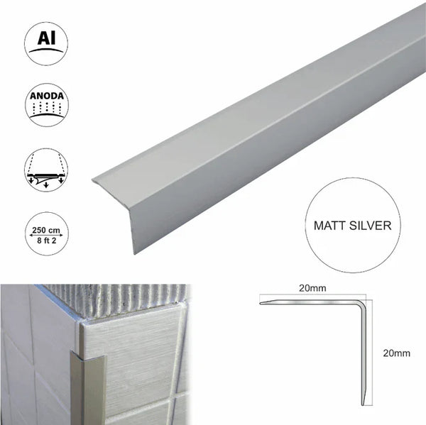 Aluminium Retro-Fit Angle Tile Trim – Corner & Edge Protector 20x20mm